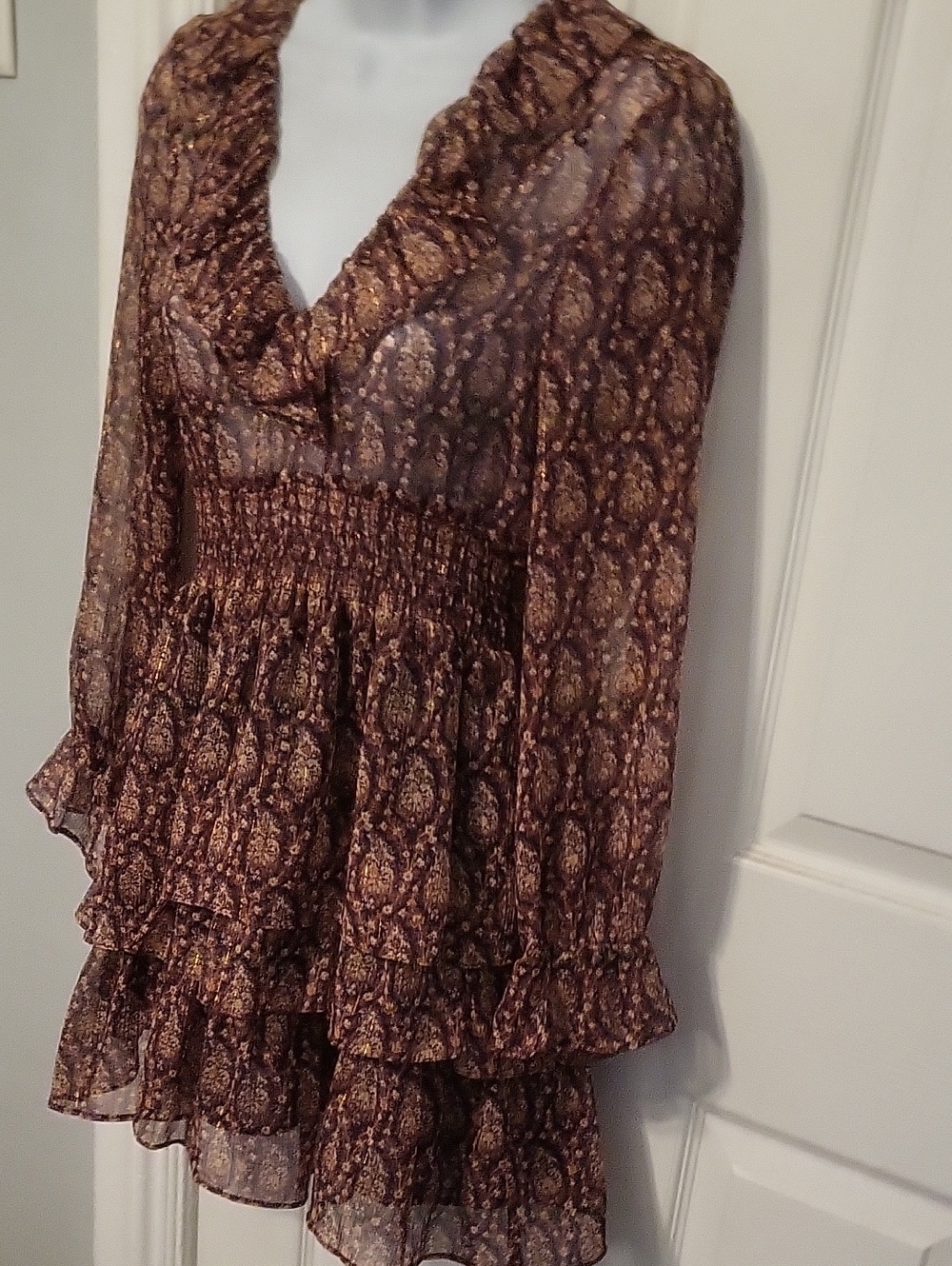 Zara Smocked Waist Ruffle-Tiered Long-Sleeve Dress in Brown Paisley - Picture 3 of 11